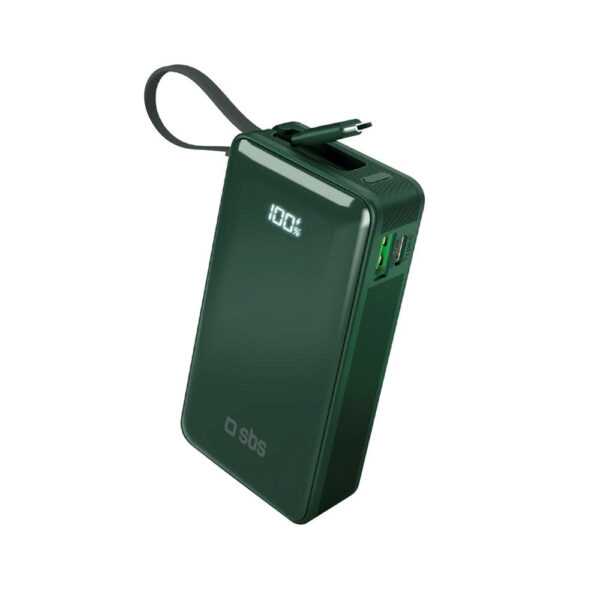 20W LCD PowerBank m. 1x USB-A & 1x USB-C - SBS - 10.000 mAh - Indbygget USB-C Kabel - Grøn