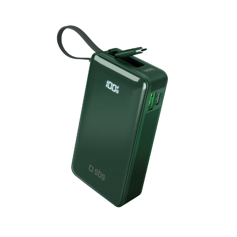 20W LCD PowerBank m. 1x USB-A & 1x USB-C - SBS - 10.000 mAh - Indbygget USB-C Kabel - Grøn
