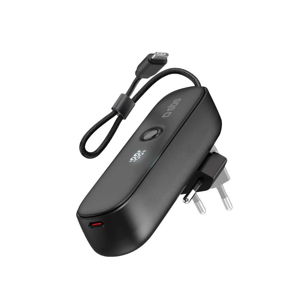 2-i-1 Hybrid PowerBank & Vægoplader m. USB-C Kabel - 5000 mAh / 20W - SBS - Sort